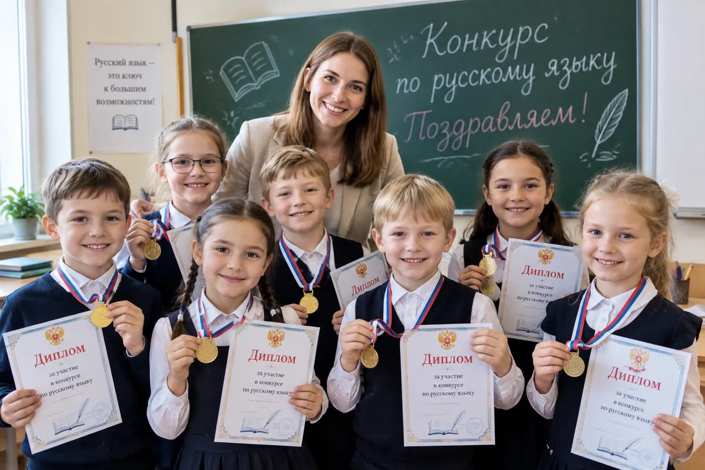 Ученики с дипломами и медалями конкурса по русскому языку у доски